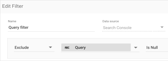 La finestra di dialogo Modifica filtro per il filtro denominato Filtro query con l&#39;impostazione Escludi valori null per un campo denominato Query.