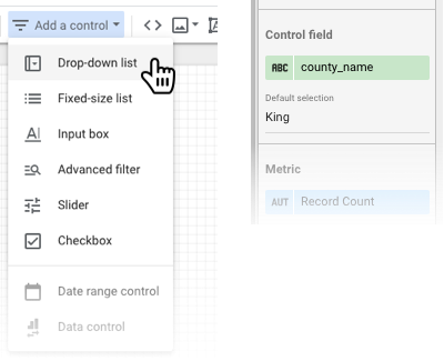 Ein Nutzer wählt im Drop-down-Menü „Steuerelement hinzufügen“ die Option „Drop-down-Liste“ aus. Auf dem Tab „Einrichtung“ des Eigenschaftenbereichs wählt er „county_name“ als Steuerfeld mit „King“ als Standardauswahl aus.