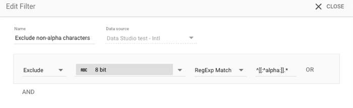 A caixa de diálogo Editar filtro para um filtro denominado Excluir carateres não alfabéticos, com as definições Excluir correspondência de RegExp ^[[
