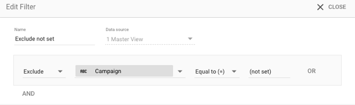 El cuadro de diálogo Editar filtro de un filtro llamado &quot;Excluir filtro no definido&quot; con los ajustes &quot;Excluir&quot; e &quot;Igual a (=)&quot; (sin definir) para el campo &quot;Campaña&quot;.