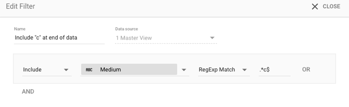 A caixa de diálogo Editar filtro para um filtro denominado Incluir c no final dos dados com as definições Incluir RegExp Match.*c$ para o campo Meio.