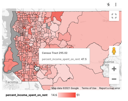 最終的 Google 地圖，以紅色漸層地理多邊形代表華盛頓州的租金負擔能力，並為資料點顯示工具提示文字「Census Tract 295.02 percent_income_spent_on_rent: 47.5」。