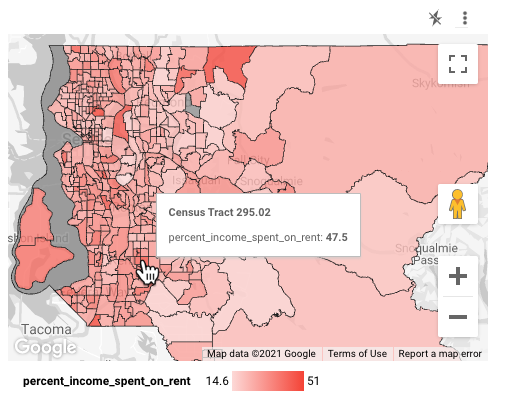 最终的 Google 地图，其中红色渐变地理多边形代表华盛顿州的租金负担能力，数据点显示的提示文字为“Census Tract 295.02 percent_income_spent_on_rent: 47.5”。