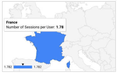 Un gráfico geográfico de Francia sombreado en azul con una sugerencia de datos que muestra la métrica Cantidad de sesiones por usuario: 1.78 y una escala debajo del mapa que va de 1.782 a 1.782 con una pequeña flecha negra que apunta al centro de los dos valores.