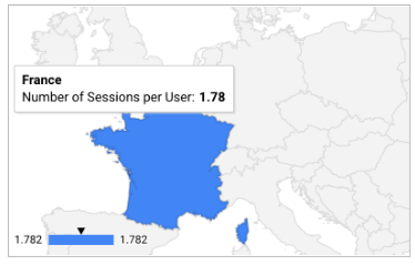 Un gráfico geo de Francia sombreado en azul con una información sobre herramientas de datos muestra la métrica Cantidad de sesiones por usuario: 1.78 y una escala debajo del mapa que va de 1.782 a 1.782 con una pequeña flecha negra que apunta al centro de los dos valores.