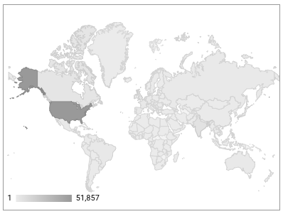 一张世界地理地图显示了每个国家/地区的网站会话数，其中美国以深灰色突出显示，下方有一个从浅灰色到深灰色的灰色渐变比例尺，范围为 1 到 51,857。