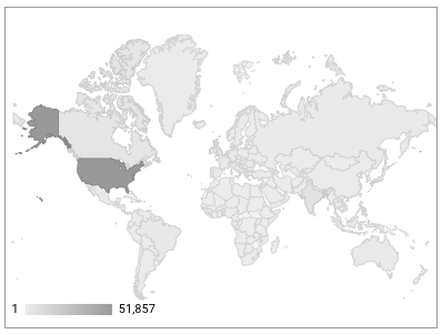 一张世界地理图，显示了每个国家/地区的网页会话数，其中美国以深灰色突出显示，下方显示了灰色渐变比例，从浅灰到深灰，范围为 1 到 51,857。