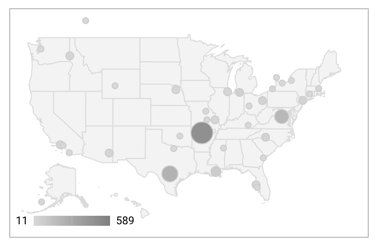 Um gráfico geográfico dos Estados Unidos com marcadores de cidades de vários tamanhos em tons de cinza indica o número de sessões da Web, e uma escala de gradiente cinza de claro a escuro representa um intervalo de valores de 11 a 589.