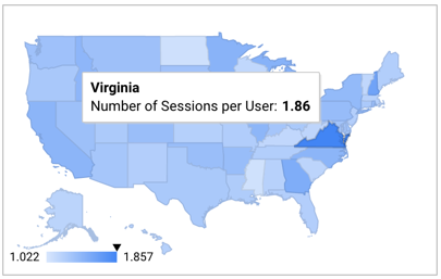 Um gráfico geográfico dos Estados Unidos em vários tons de azul com a Virgínia em azul escuro e uma escala de gradiente azul de 1,022 a 1,857; a sugestão sobre a Virgínia apresenta o texto Número de sessões por utilizador: 1,85.