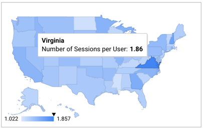 Graphique géographique des États-Unis en différentes nuances de bleu, avec la Virginie en bleu foncé et une échelle de dégradé bleu allant de 1,022 à 1,857. L&#39;info-bulle au-dessus de la Virginie indique le texte &quot;Nombre de sessions par utilisateur: 1,85&quot;.