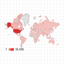 Eine Weltkarte mit Blasen, auf der Länder in verschiedenen Rottönen dargestellt sind. Die USA ist dunkelrot. Alle weiteren Rottöne darunter reichen auf einer Farbverlaufsskala von 1 bis 35,556.