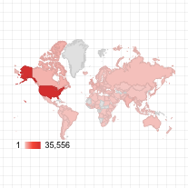 世界气泡地图图表显示了各种深浅不一的红色国家/地区，其中美国为深红色，下方有一个从 1 到 35.556 的红色渐变比例尺。