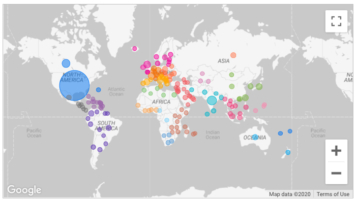 Un gráfico de mapa de burbujas muestra el mundo con burbujas de diferentes colores que representan el subcontinente de cada país.