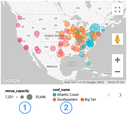 Um mapa de círculos mostra a métrica &quot;venue_capacity&quot; de ginásios da NCAA (basquete universitário dos EUA) por tamanho e representa a dimensão &quot;conf_name&quot; da NCAA com a cor.