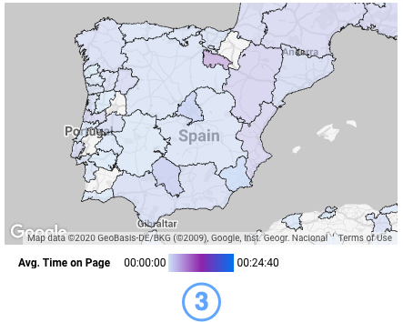 Une carte choroplèthe d&#39;Espagne et du Portugal avec une légende des couleurs affiche un dégradé allant du violet au bleu en fonction des valeurs de la dimension &quot;Avg. Time on Page&quot; (Temps moyen passé sur la page), qui sont comprises entre 00:00:00 et 00:24:40.