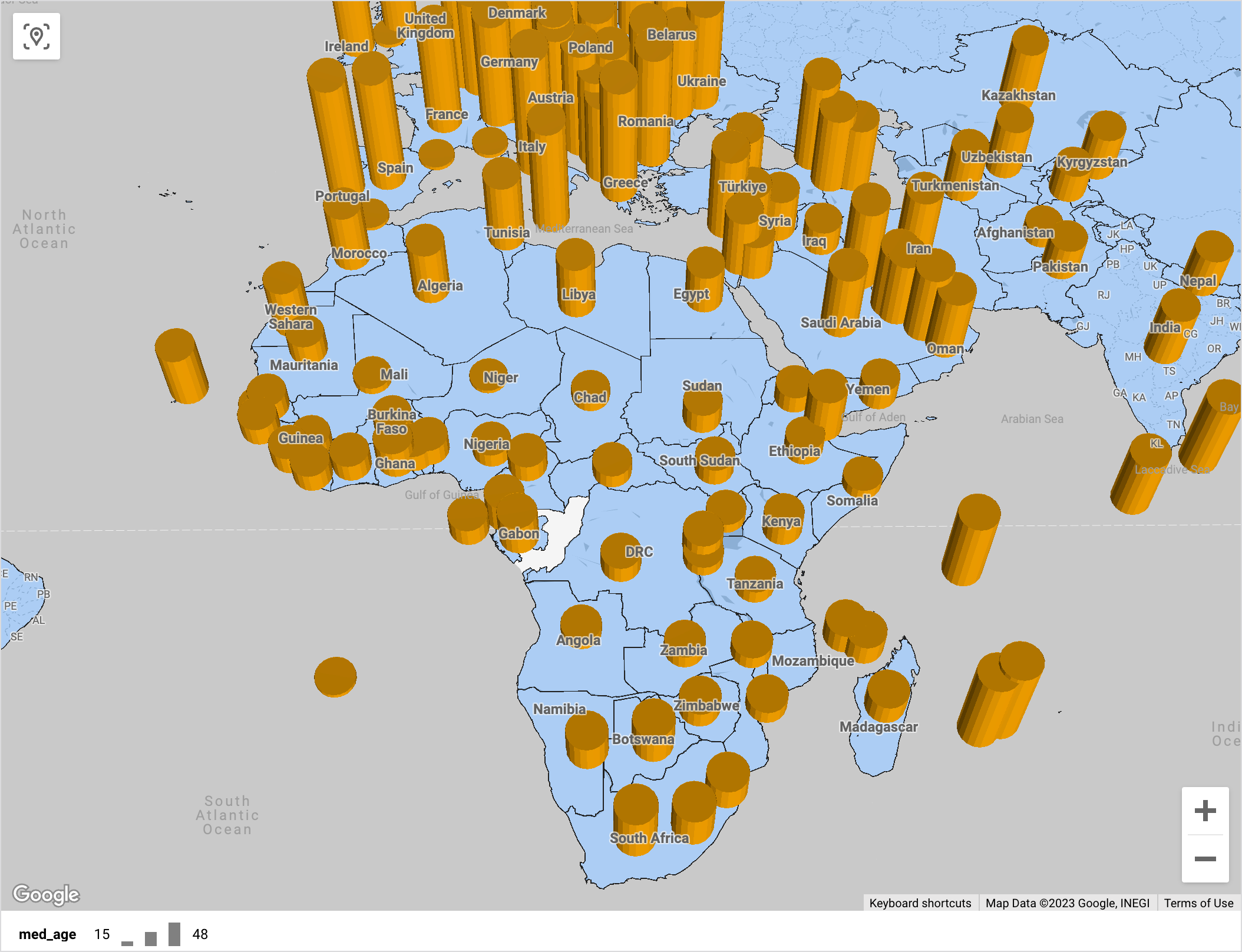 Um mapa preenchido dos países africanos com cilindros indicando a idade mediana da população. A perspectiva do mapa é inclinada de uma forma que a altura do círculo indica a escala relativa das idades.