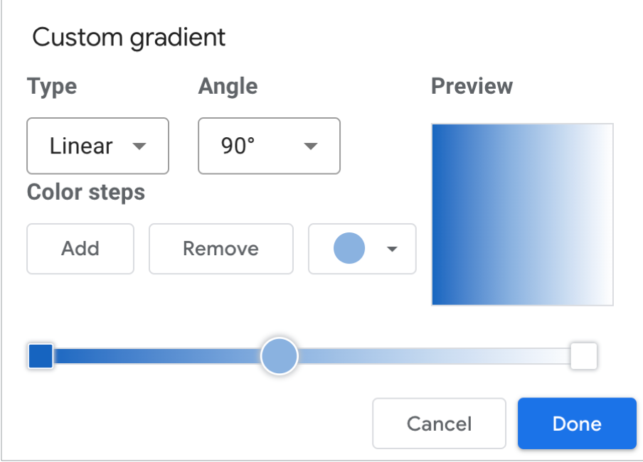 The custom gradient dialog configured for a linear, 90-degree gradient with 3 colors steps, fading left to right from dark blue to white.