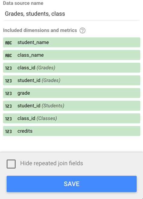 成績、學生和課程資料表混合，包括多個 student_id 欄位和多個 class_id 欄位。