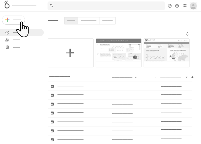 Un usuario selecciona el botón + Crear en el panel de navegación izquierdo de la página principal de Looker Studio para crear contenido nuevo en Looker Studio.
