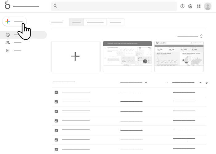 Pengguna memilih tombol + Buat di panel navigasi kiri halaman beranda Looker Studio untuk membuat konten baru di Looker Studio.