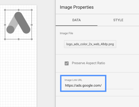 The Image Properties panel for a Google Ads image displays the link https://ads.google.com in the Image Link URL field.