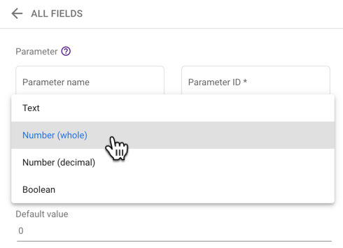 El menú desplegable Parameter muestra las opciones Text, Number (whole), Number (decimal) y Boolean.