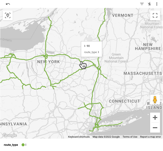 A Google map displays interstate highways in New York State with a tooltip that identifies the selected route as I-90, route_type: I.