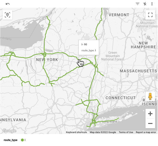 Google 地圖顯示紐約州的州際公路，其中工具提示指出所選路線為 I-90，route_type: I。
