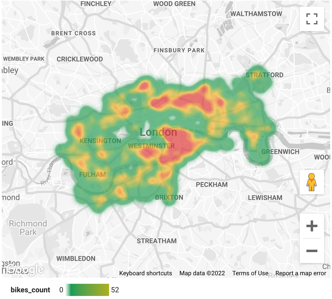 Un mapa de calor muestra los datos de uso de las bicicletas compartidas de Londres.