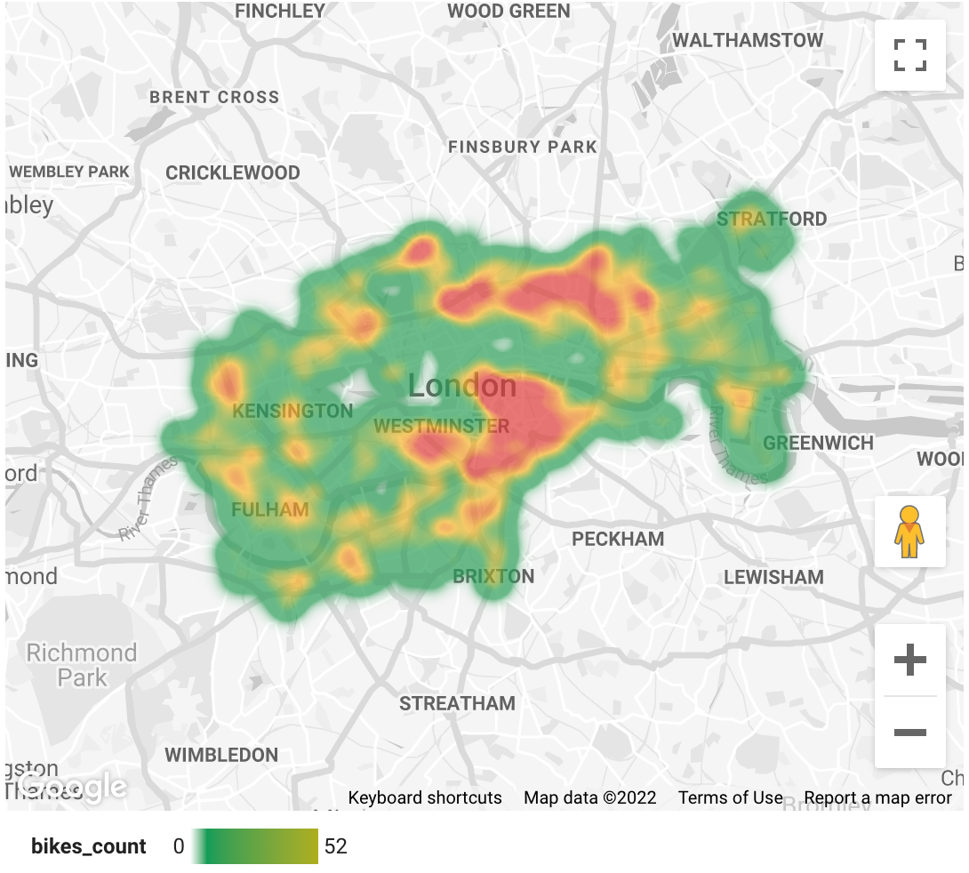 Une carte de densité affiche les données sur les vélos en libre-service à Londres.