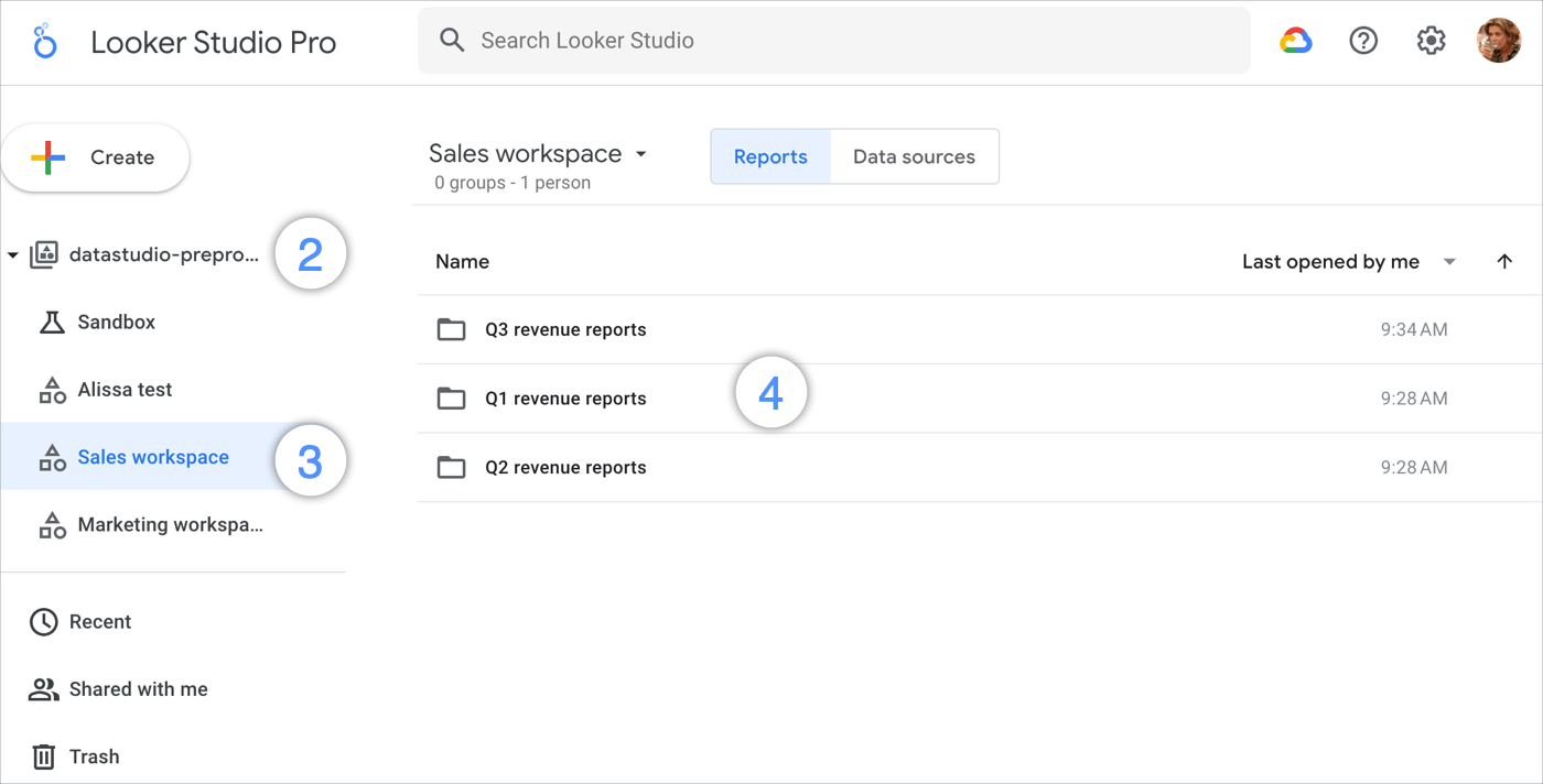 Un utilisateur sélectionne l&#39;espace de travail &quot;Sales workspace&quot; dans le projet &quot;datastudio-preprod-default&quot; pour accéder à une liste de dossiers intitulés &quot;Q1 revenue reports&quot;, &quot;Q2 revenue reports&quot; et &quot;Q3 revenue reports&quot;.