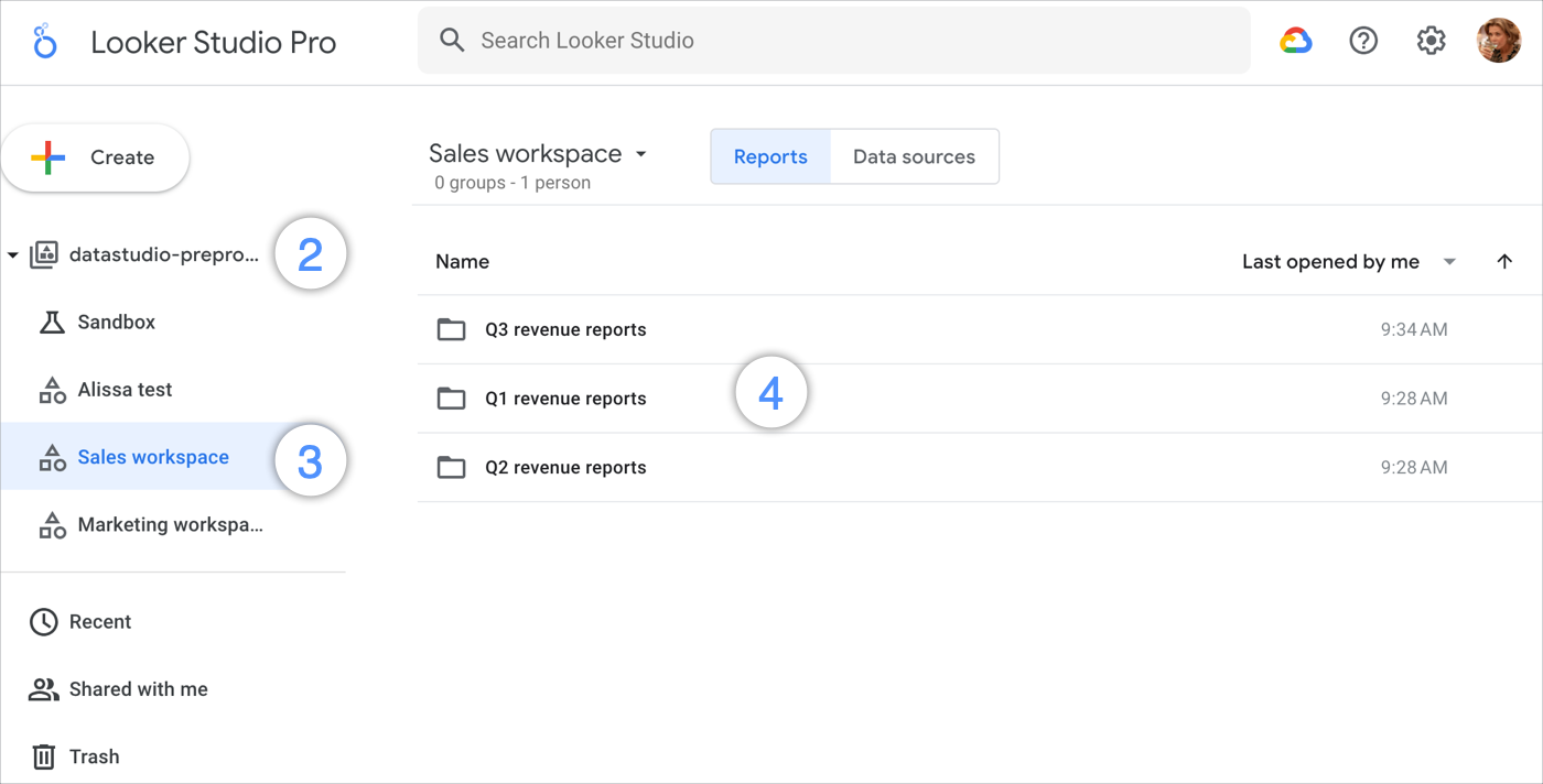 使用者在 datastudio-preprod-default 專案中選取「銷售」工作區，存取名為「第 1 季收益報告」、「第 2 季收益報告」和「第 3 季收益報告」的資料夾清單。