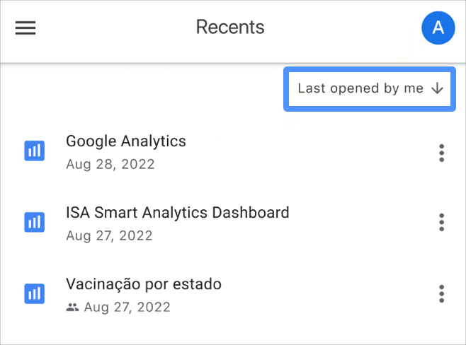 La finestra di dialogo di ordinamento dell&#39;app Looker Studio mostra il testo Ultimi aperti da me nella visualizzazione report Recenti.