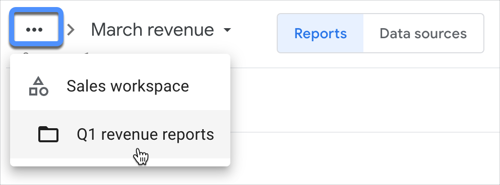 [セールス ワークスペース（Sales workspace）] フォルダと [第 1 四半期収益レポート（Q1 revenue reports）] フォルダが [3 月の収益（March revenue）] ナビゲーション プルダウン メニューに表示されている様子。