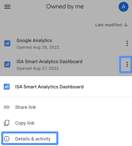 A user selects the three-dot report options menu for a report called ISA Smart Analytics Dashboard to view its detail and activity.