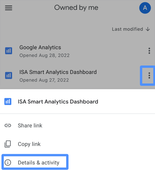 使用者選取名為「ISA Smart Analytics Dashboard」的報表，並點選三點報表選項選單，查看報表詳細資料和活動。