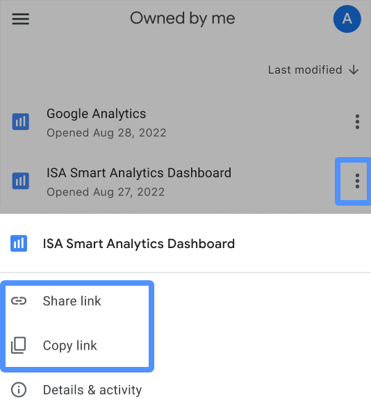 使用者選取名為「ISA Smart Analytics Dashboard」的報表的三點選單，顯示分享連結和複製連結選項。