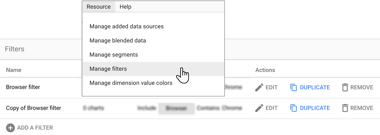 Die Option „Filter verwalten“ ist im Menü „Ressource“ hervorgehoben.