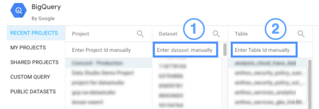 当用户搜索数据集和表时，BigQuery 数据源的“修改连接”面板会显示“手动输入数据集”和“手动输入表 ID”选项。