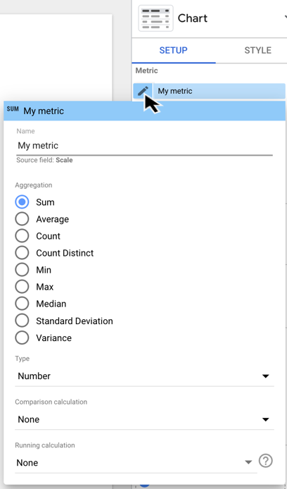 The metric configuration options dialog, where you can edit the field name, change the aggregation and field type, and apply a comparison or running calculation.