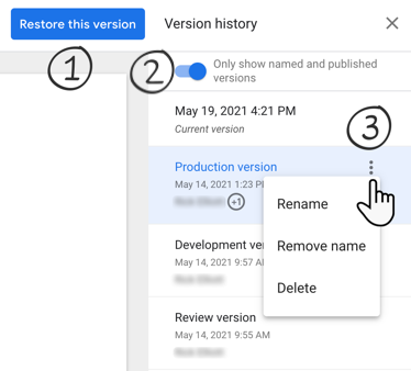 「版本記錄」面板包含「Restore this version」(還原此版本) 按鈕、「Only show named and published versions」(只顯示已命名及已發布的版本) 切換鈕，以及每個版本的三點選項選單，其中包含「Rename」(重新命名)、「Remove name」(移除名稱) 或「Delete」(刪除) 選項。
