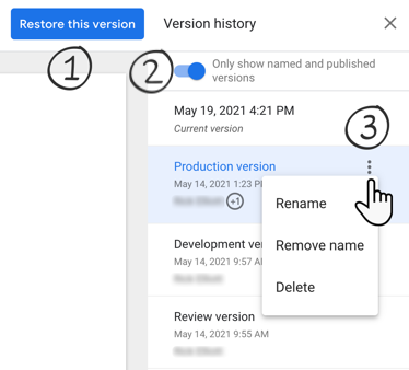 The Version history panel includes the Restore this version button, Only show named and published versions toggle, and three-dot option menus for each version with the options to Rename, Remove name, or Delete.