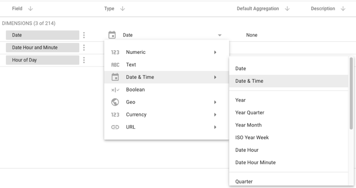 Un usuario selecciona el menú desplegable Tipo de dimensión de fecha en el panel Editar conexión para mostrar las opciones de período de Fecha y hora disponibles para la dimensión Fecha.