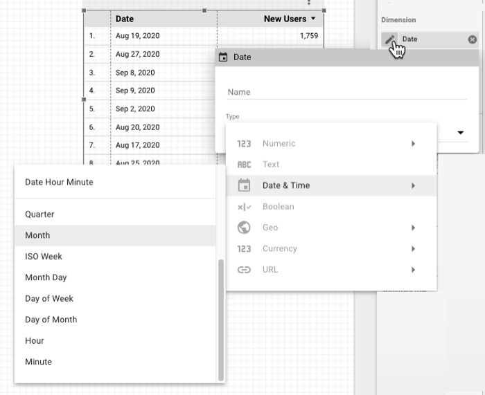 Un usuario selecciona un ícono de tipo de campo de dimensión de fecha en la pestaña Configuración de un gráfico de tabla para mostrar las opciones de período de fecha y hora disponibles para la dimensión de fecha.