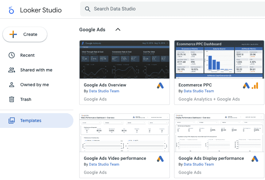 Looker Studio 報表範本庫會在左側導覽面板中顯示「範本」連結和 Google Ads 報表範本。