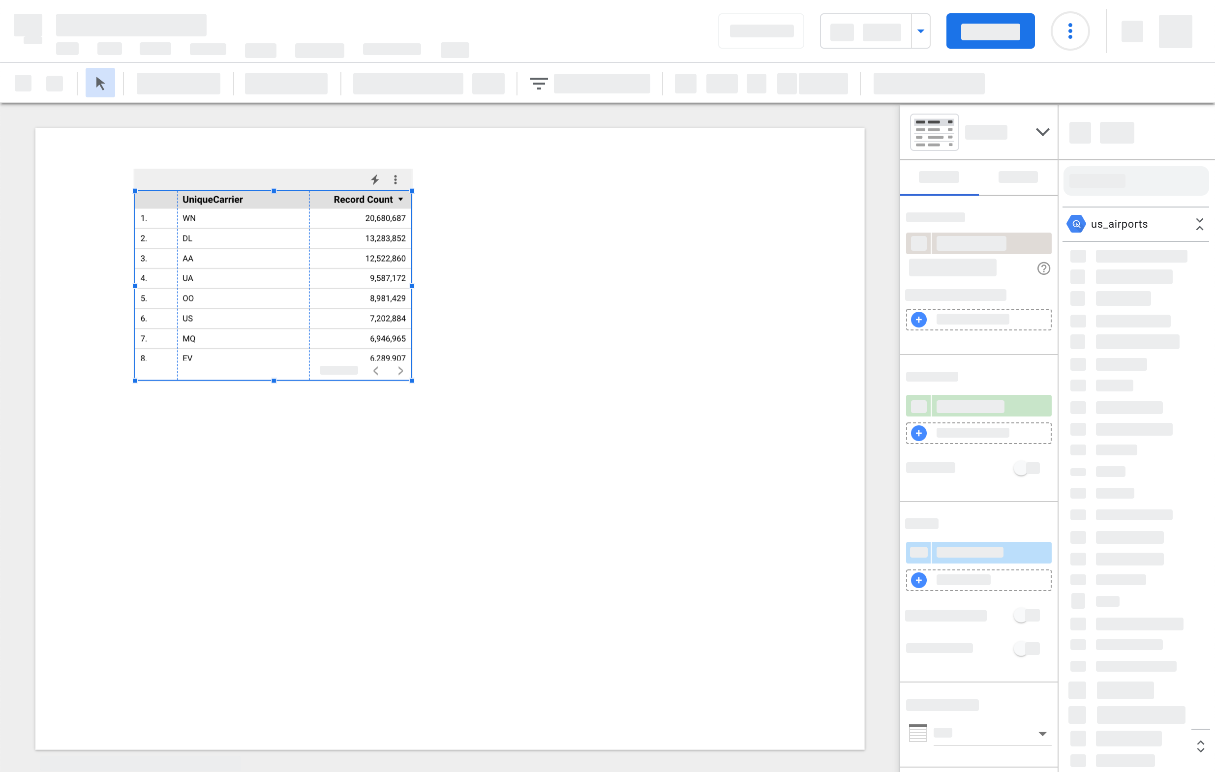 A user selects a table visualization on a report canvas to open the Data and Chart option menus.