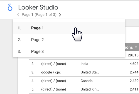 Menu navigasi halaman drop-down dengan 3 halaman.