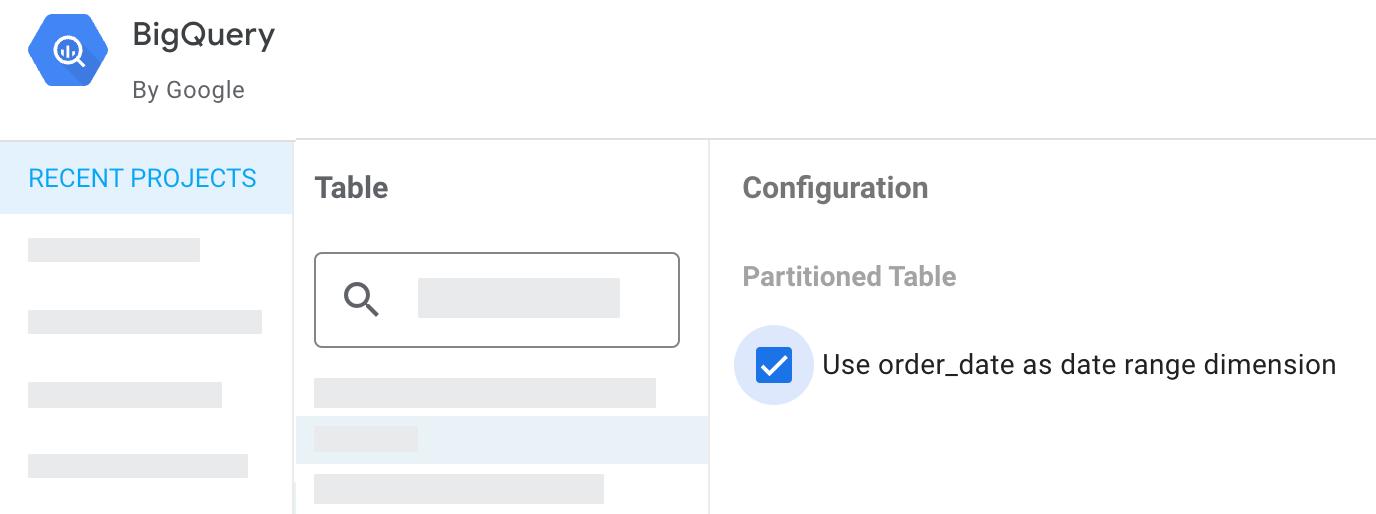 Looker Studio data source configuration for a BigQuery partitioned table. The order_date partition field has a checkbox option to Use order_date as date range dimension.