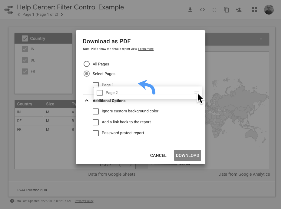 No menu Transferir como PDF com a opção Selecionar páginas selecionada, um utilizador altera a ordem das páginas arrastando a página 2 e largando-a sobre a página 1.