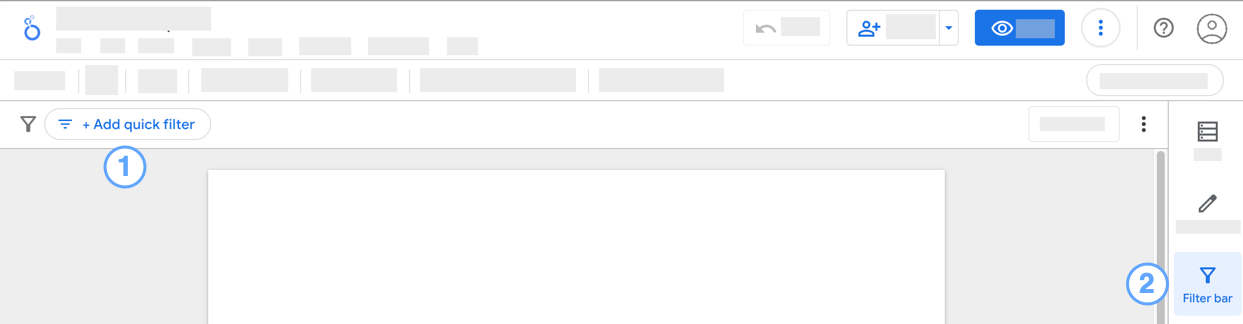 빠른 필터 추가 및 필터 표시줄 버튼이 표시된 Looker Studio 편집기 인터페이스